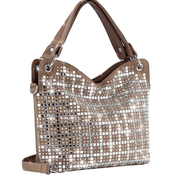 Rhinestone Studded Bling Beige Taupe Tan Shoulder Handbag Purse - Picture 1 of 6